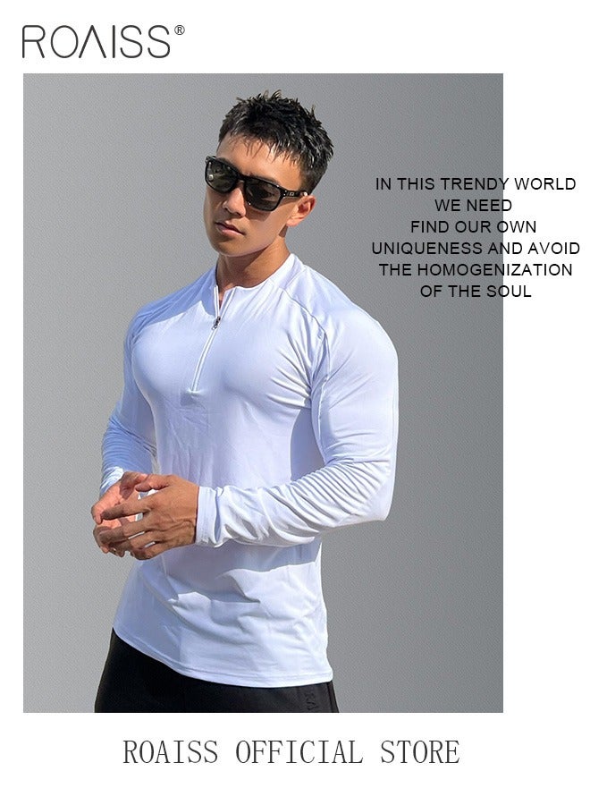 Men Quick Dry and Breathable Round Neck Sweatshirt with Quarter Zip Long Sleeve Athletic Shirts Slim Fit Top for Running Basketball Workout Gym