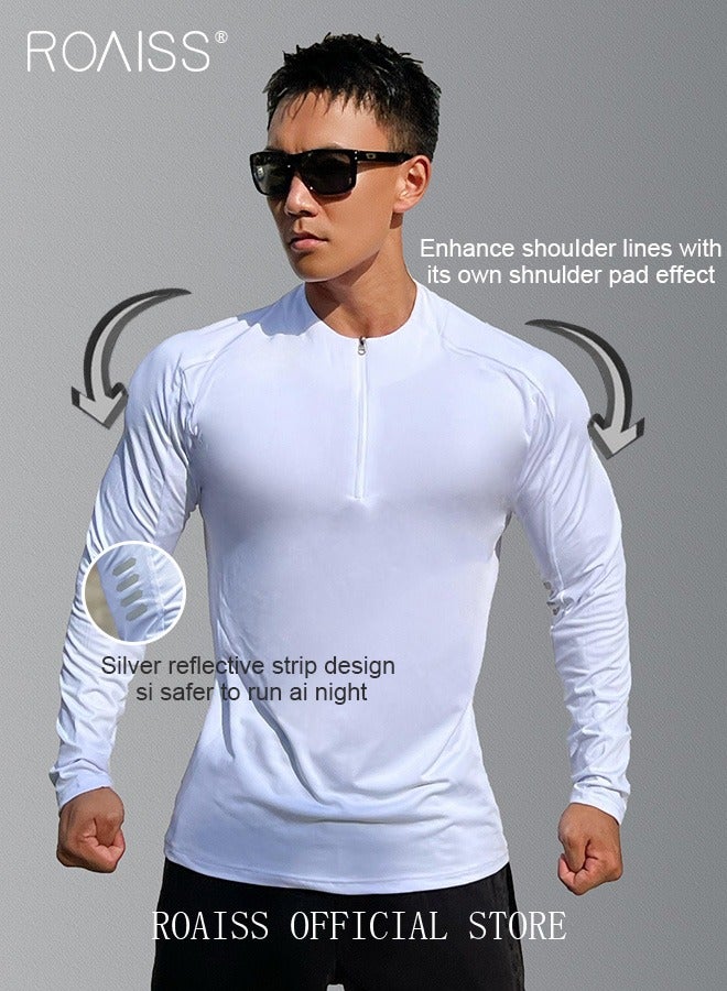 Men Quick Dry and Breathable Round Neck Sweatshirt with Quarter Zip Long Sleeve Athletic Shirts Slim Fit Top for Running Basketball Workout Gym
