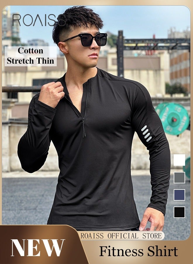 Men Quick Dry and Breathable Round Neck Sweatshirt with Quarter Zip Long Sleeve Athletic Shirts Slim Fit Top for Running Basketball Workout Gym