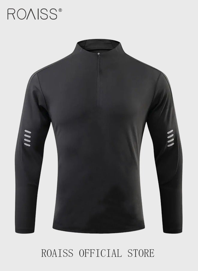 Men Quick Dry and Breathable Round Neck Sweatshirt with Quarter Zip Long Sleeve Athletic Shirts Slim Fit Top for Running Basketball Workout Gym