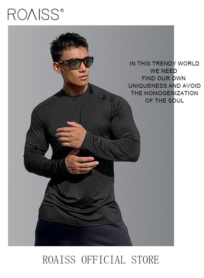 Men Quick Dry and Breathable Round Neck Sweatshirt with Quarter Zip Long Sleeve Athletic Shirts Slim Fit Top for Running Basketball Workout Gym