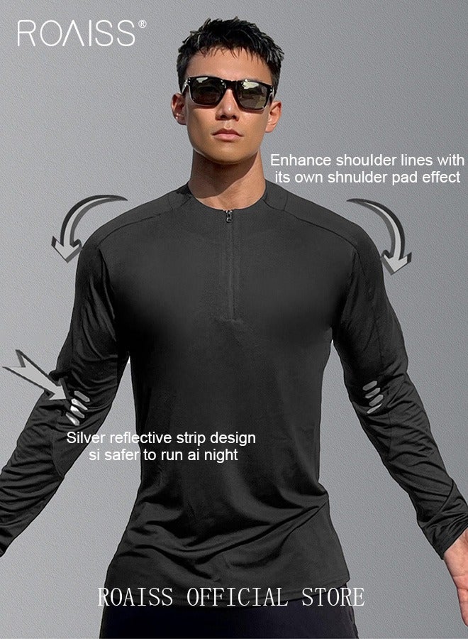 Men Quick Dry and Breathable Round Neck Sweatshirt with Quarter Zip Long Sleeve Athletic Shirts Slim Fit Top for Running Basketball Workout Gym