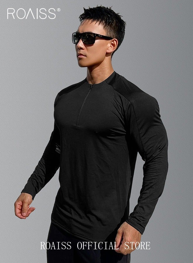 Men Quick Dry and Breathable Round Neck Sweatshirt with Quarter Zip Long Sleeve Athletic Shirts Slim Fit Top for Running Basketball Workout Gym