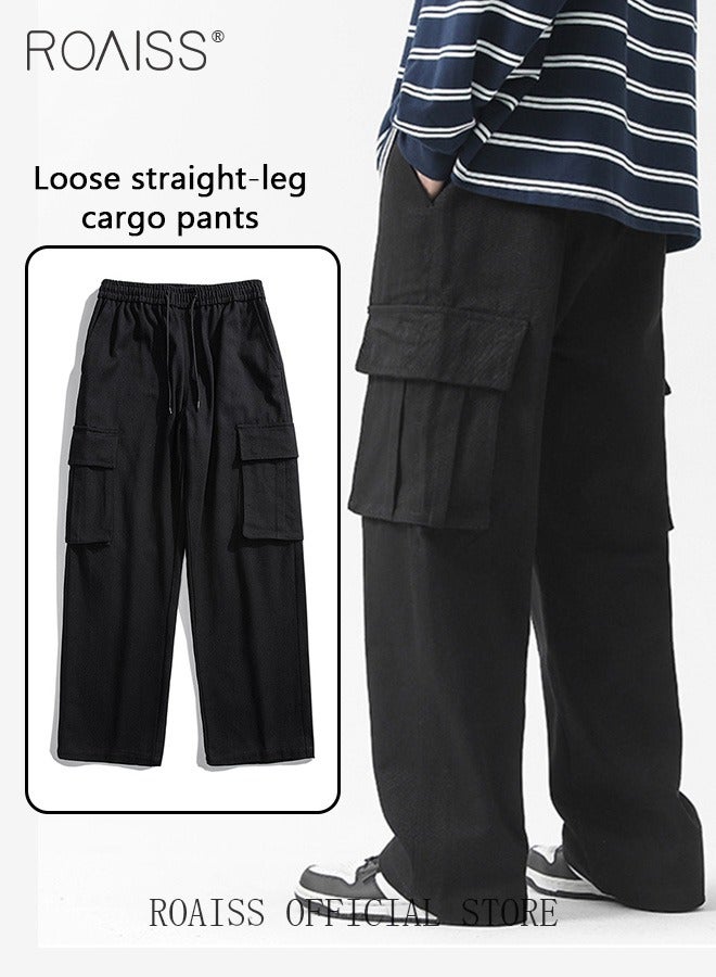Casual Cargo Pants for Men Youth Trendy Loose Fit Straight Leg Long Pants Functional Streetwear Overalls Trousers with Multi Pockets Street Style Functional Streetwear