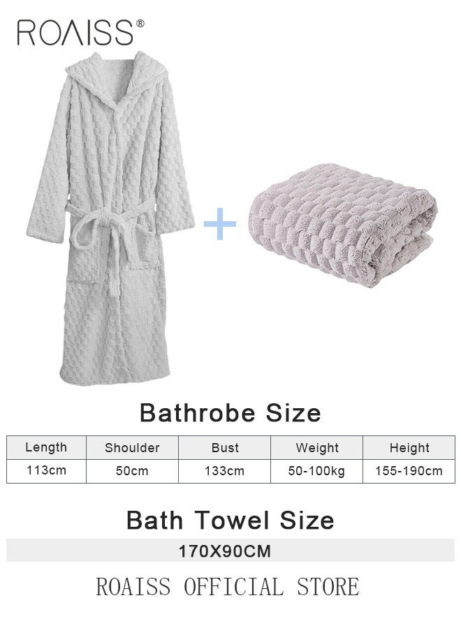 2 Piece Bath Set for Women and Men Thicken Absorbent Bathrobe and Bath Towel in Cloud Pattern Coral Fleece Sleepwear Autumn Winter Ladies Lightweight Soft Non Shedding Robe with Hood