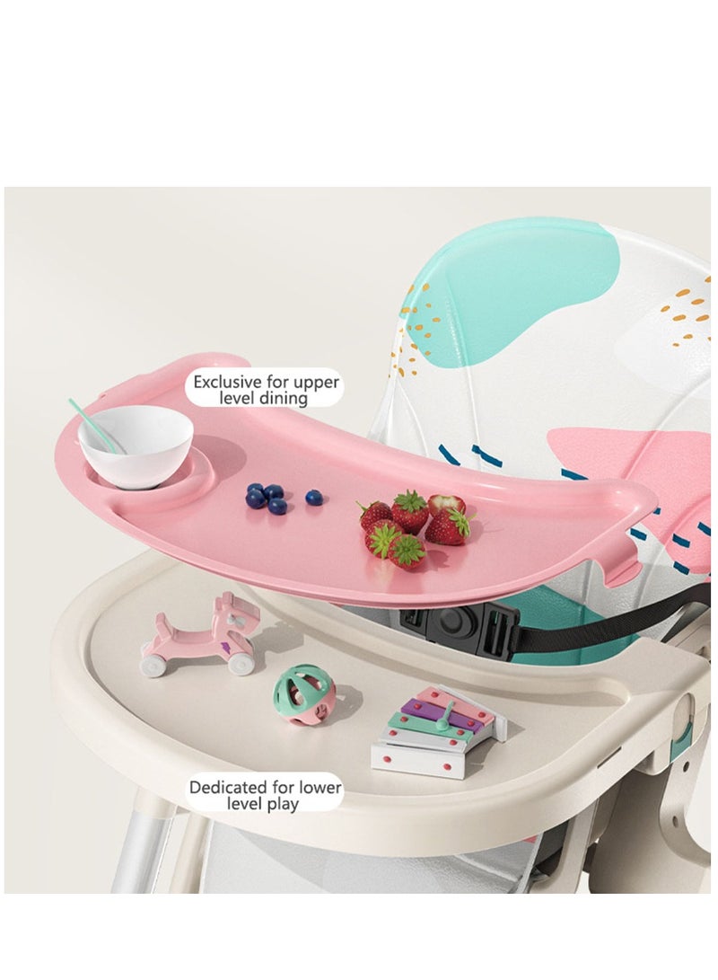 Baby High Chair,Adjustable Convertible 3 in 1 Baby High Chairs Baby Toddlers Feeding Chair Booster,5-Point Harness,Removable Tray&PU Cushion