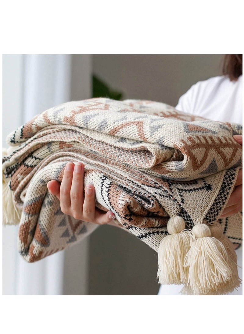 Throw Blanket, Soft Cozy Lightweight Boho Knitted Tassel Vintage Soft Chair Throw Blankets Bohemian Couch Decorative Throw Blankets for Bed Sofa Couch - All Seasons (50x60 Inch)