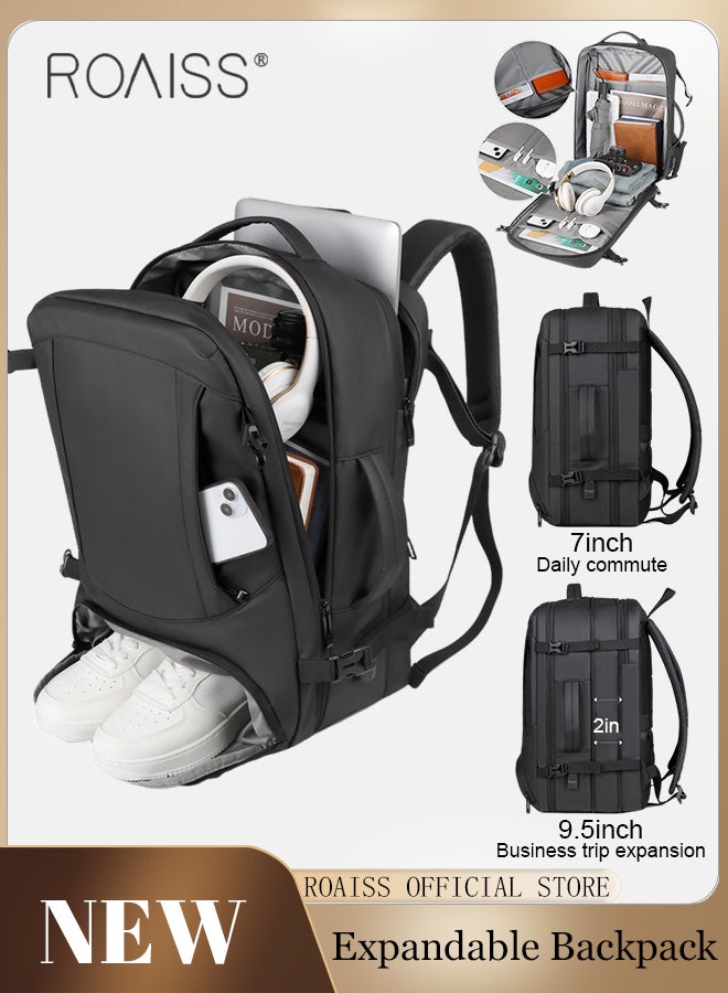 Unisex Multifunctional Expandable Backpack with Separate Shoe Compartment USB Charging Box Shaped Structure Large Capacity Horizontal Handheld Rolling Suitcase Attachment Ideal for Short Trips