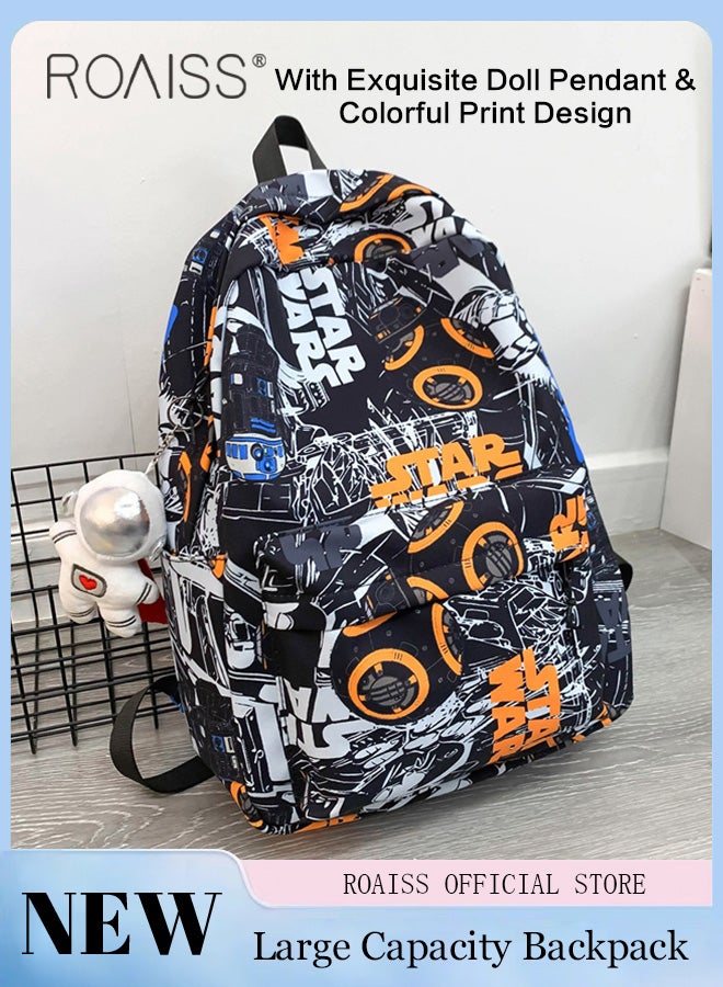 Stylish Cool Graffiti Travel Backpack for Unisex Casual Versatile Large Capacity Student Bag with Doll Pendant Waterproof Rucksack with Multi-pockets Suitable for Commute Trip or Class