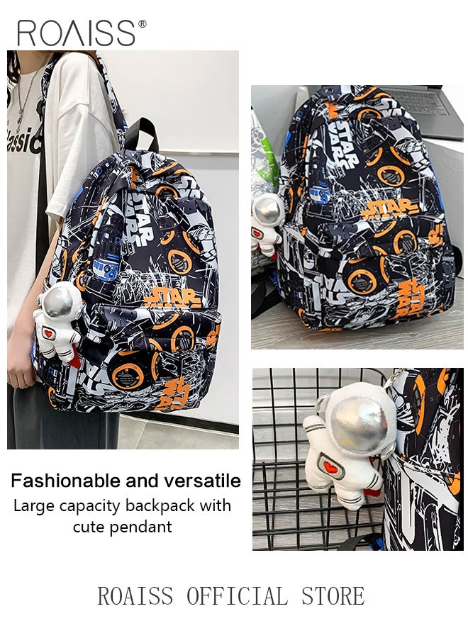 Stylish Cool Graffiti Travel Backpack for Unisex Casual Versatile Large Capacity Student Bag with Doll Pendant Waterproof Rucksack with Multi-pockets Suitable for Commute Trip or Class