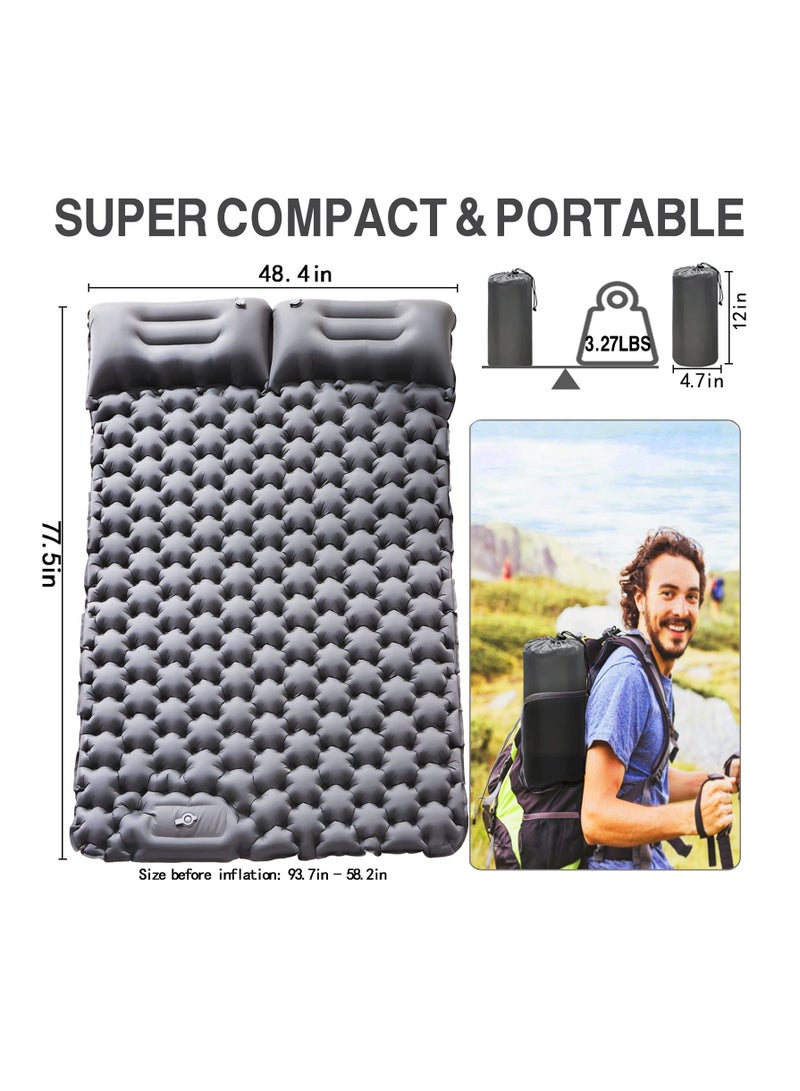 Double Sleeping Pad for Camping,Upgraded Inflatable Ultra-Thick Self Inflating Camping Pad 2 Person with Pillow Built-in Foot Pump Camping Sleeping Mat for Backpacking, Hiking, Portable Camping Pad