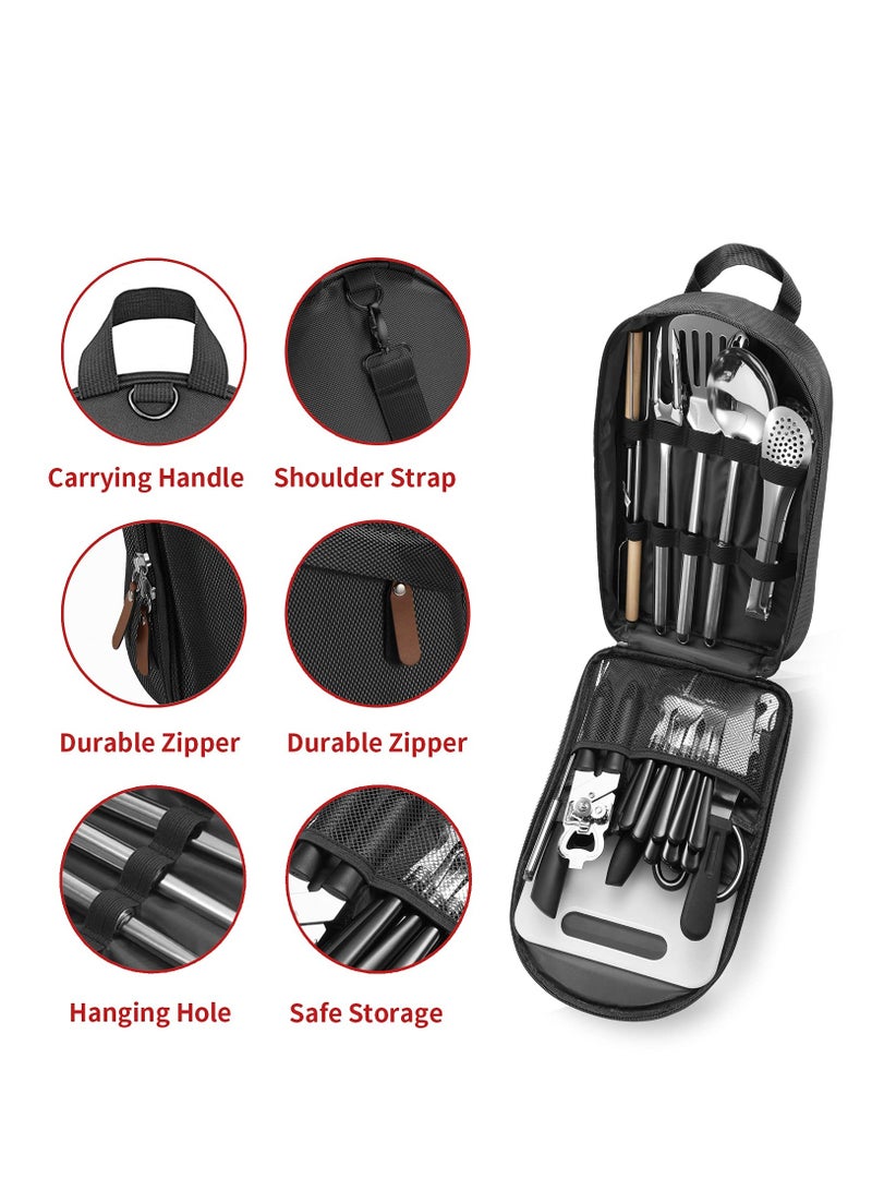 Portable Camping Kitchen Utensil Set-27 Piece Cookware Kit, Stainless Steel Outdoor Cooking and Grilling Utensil Organizer Travel Set Perfect for Travel, Picnics, RVs, Camping, BBQs, Parties and More
