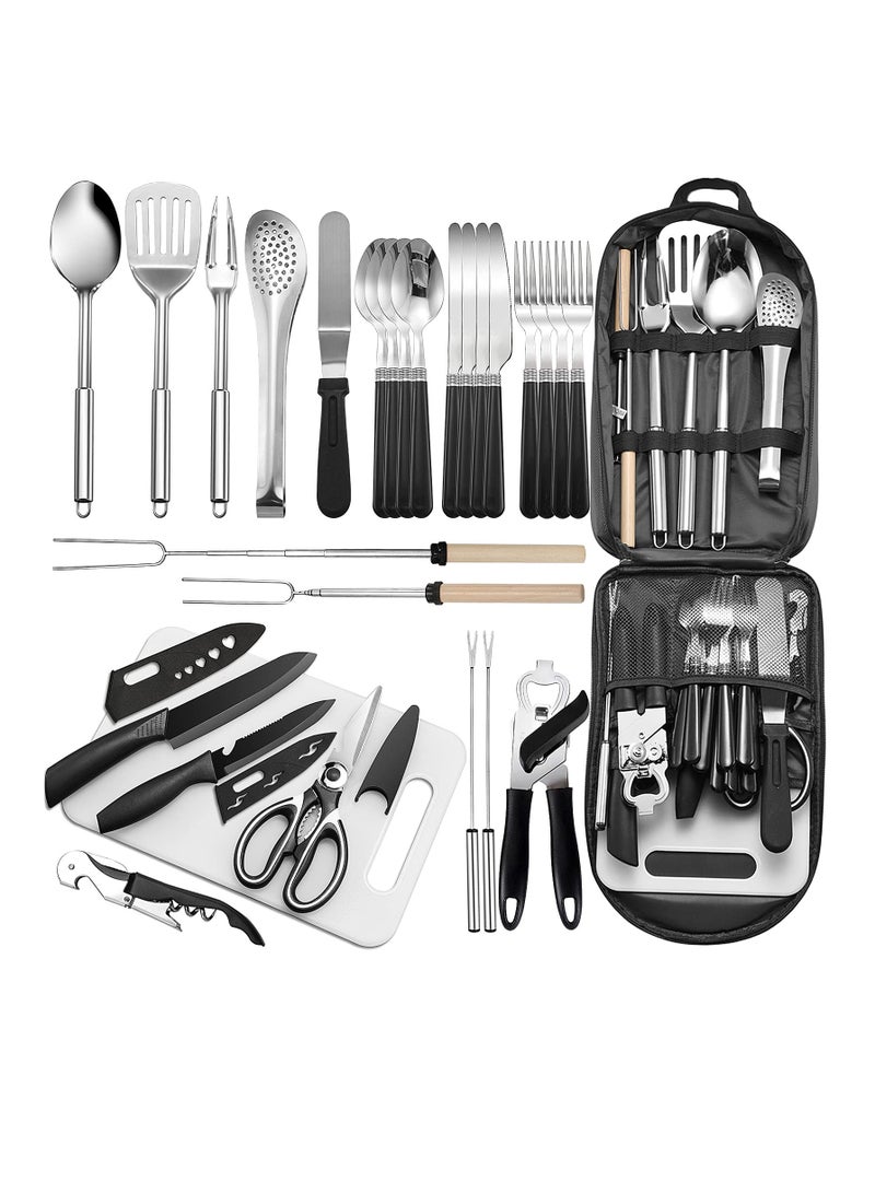 Portable Camping Kitchen Utensil Set-27 Piece Cookware Kit, Stainless Steel Outdoor Cooking and Grilling Utensil Organizer Travel Set Perfect for Travel, Picnics, RVs, Camping, BBQs, Parties and More