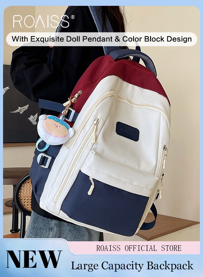 Large Capacity Colorblocked Backpack for Unisex Students Minimalist Fashionable Lightweight Portable Daypack Can Fit Laptop with Doll Pendant and Multi-pockets for Travel Commute or Outdoors Sports