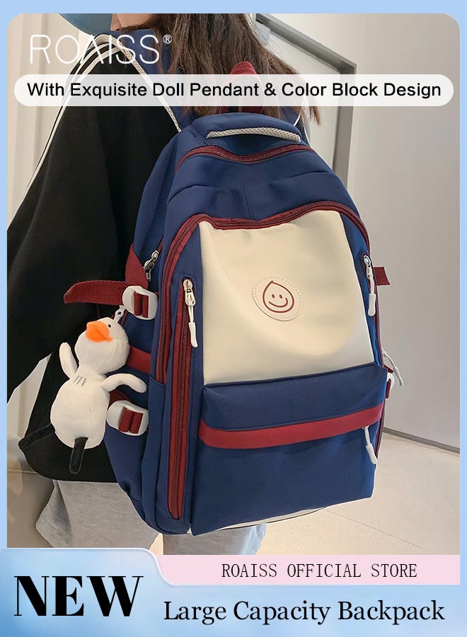 Large Capacity Colorblocked Backpack for Unisex Students Minimalist Fashionable Lightweight Portable Daypack Can Fit Laptop with Doll Pendant and Multi-pockets for Travel Commute or Outdoors Sports