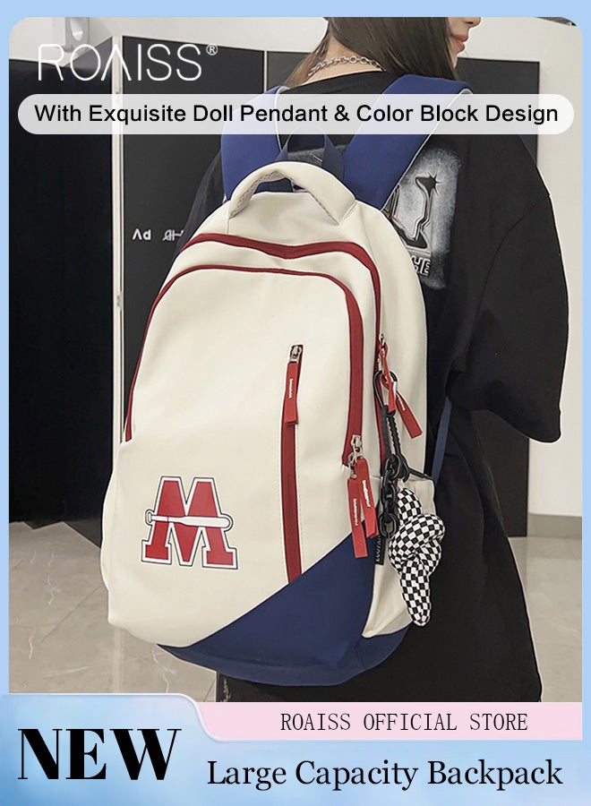 Large Capacity Colorblocked Backpack for Unisex Students Minimalist Fashionable Lightweight Portable Daypack Can Fit Laptop with Doll Pendant and Multi-pockets for Travel Commute or Outdoors Sports