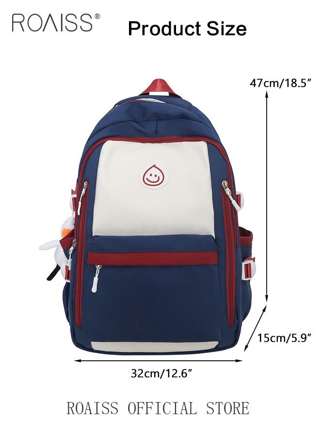 Large Capacity Colorblocked Backpack for Unisex Students Minimalist Fashionable Lightweight Portable Daypack Can Fit Laptop with Doll Pendant and Multi-pockets for Travel Commute or Outdoors Sports