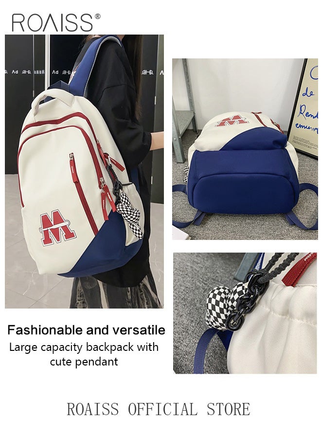 Large Capacity Colorblocked Backpack for Unisex Students Minimalist Fashionable Lightweight Portable Daypack Can Fit Laptop with Doll Pendant and Multi-pockets for Travel Commute or Outdoors Sports