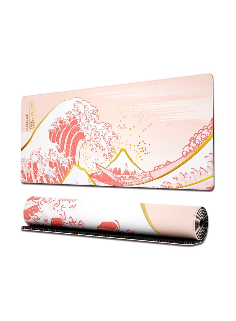 Large Gaming Mouse Pad with Stitched Edges, Japanese Great Wave Anime Desk Mat, Extended XL Mousepad with Anti-Slip Base, Cute Desk Pad for Keyboard and Mouse, 31.5 x 11.8 in, Pink and Gold