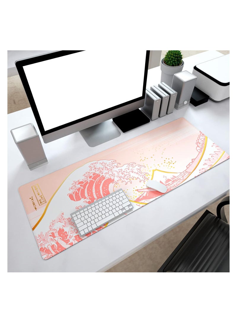 Large Gaming Mouse Pad with Stitched Edges, Japanese Great Wave Anime Desk Mat, Extended XL Mousepad with Anti-Slip Base, Cute Desk Pad for Keyboard and Mouse, 31.5 x 11.8 in, Pink and Gold