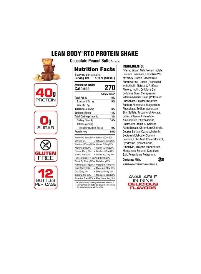 Lean Body Ready To Drink Protein Shake- Chocolate Peanut Butter - Pack of 12