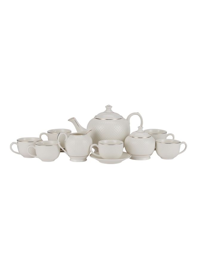 Royalford 17 Piece Fine Bone Tea Set- RF10499| Includes 6 Tea Cups, 6 Saucers, 1 Creamer, 1 Teapot with Lid and 1 Sugar Pot with Lid White 41x30x15.5cm