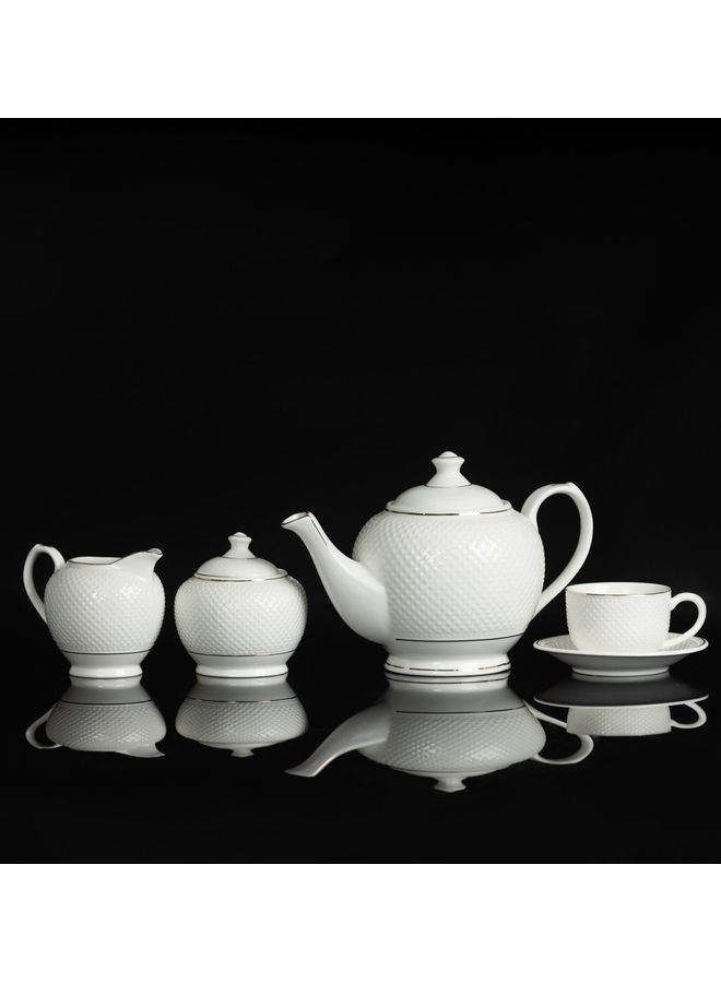Royalford 17 Piece Fine Bone Tea Set- RF10499| Includes 6 Tea Cups, 6 Saucers, 1 Creamer, 1 Teapot with Lid and 1 Sugar Pot with Lid White 41x30x15.5cm