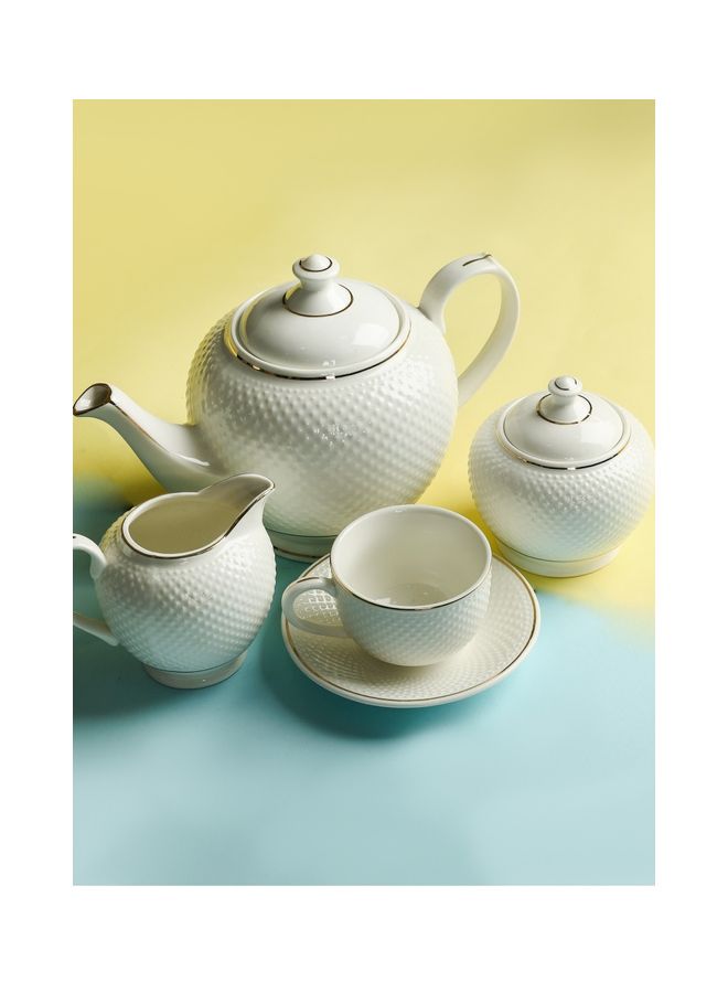 Royalford 17 Piece Fine Bone Tea Set- RF10499| Includes 6 Tea Cups, 6 Saucers, 1 Creamer, 1 Teapot with Lid and 1 Sugar Pot with Lid White 41x30x15.5cm