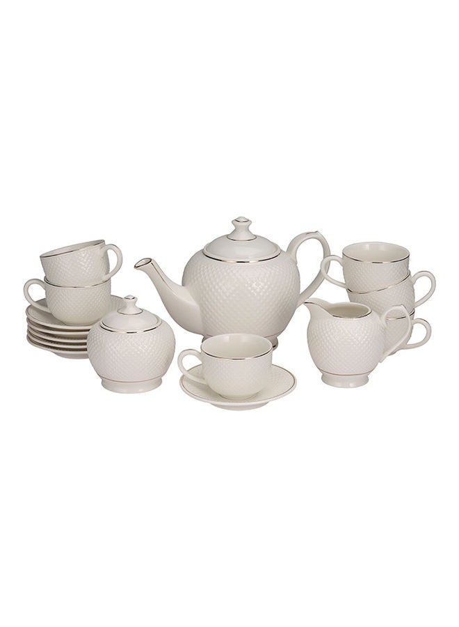 Royalford 17 Piece Fine Bone Tea Set- RF10499| Includes 6 Tea Cups, 6 Saucers, 1 Creamer, 1 Teapot with Lid and 1 Sugar Pot with Lid White 41x30x15.5cm