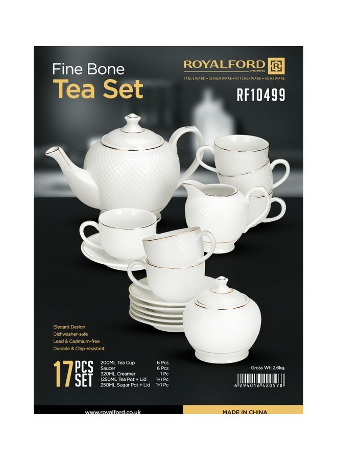 Royalford 17 Piece Fine Bone Tea Set- RF10499| Includes 6 Tea Cups, 6 Saucers, 1 Creamer, 1 Teapot with Lid and 1 Sugar Pot with Lid White 41x30x15.5cm