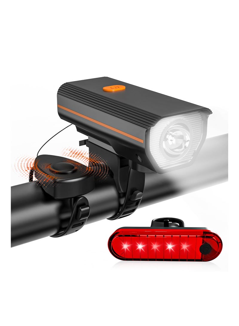 KASTWAVE Rechargeable Bike Lights with Electric Bel, Ultra Bright Bicycle Lights for Night Riding, Road Mountain Bike Accessories for Kids Adults - Bike Headlight with Horn and Tail Light