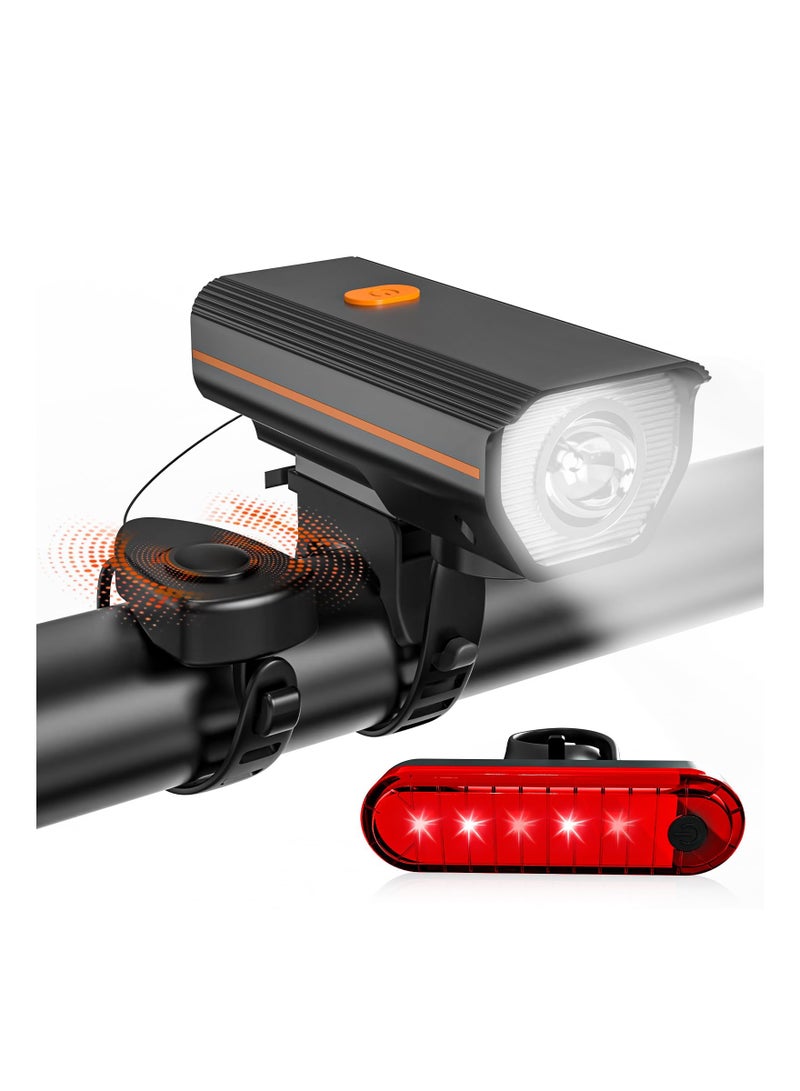 Rechargeable Bike Lights With Electric Bel, Ultra Bright Bicycle Lights For Night Riding, Road Mountain Bike Accessories For Kids Adults - Bike Headlight With Horn And Tail Light