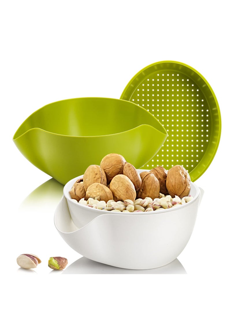 2 Pack Pistachio Bowl, Large Double Snack Serving Dish, Party Pedestal Nut Bowls with Seeds Shell Storage Container for Pistachios, Fruits, Candy, and Snacks (Green - White)