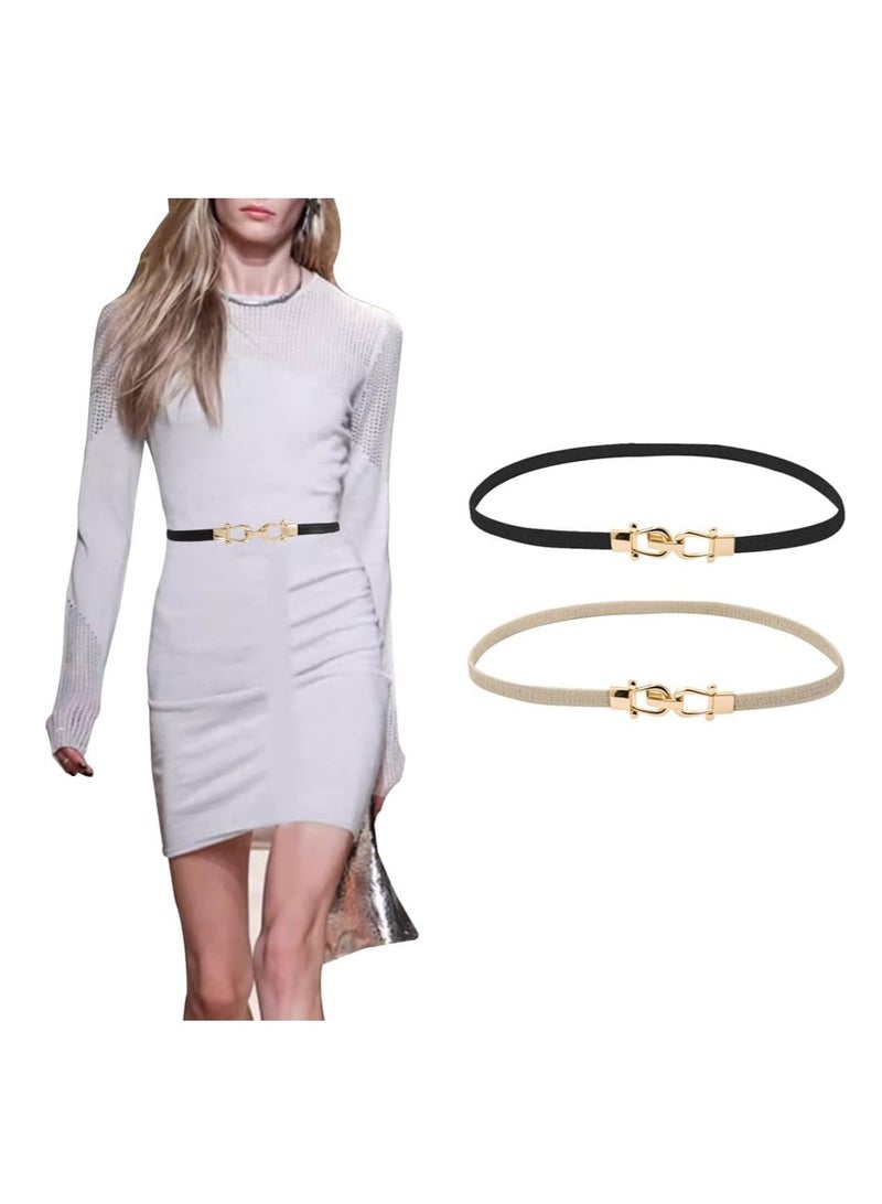 Belts for Women, Stretchy Skinny Waist Belt, Fashion Stretchy Waistband with Buckle Elastic Belt for Dresses Coat Jeans, 2 Pcs, Black and White