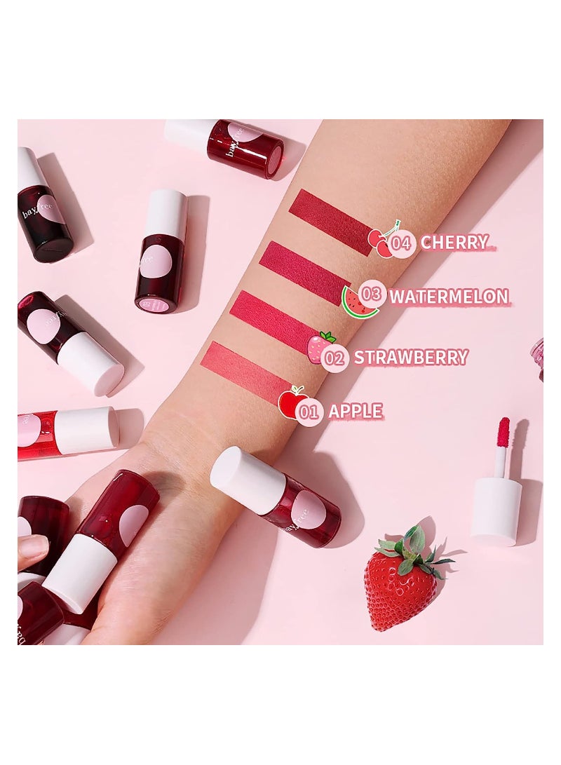 4 Colors Lip Tint Stain Set, Liquid Lipstick Kit, Bright Vivid Lip Gloss, Can Be Used as Blush and Eyeshadow, Waterproof and 24 Hours Long Lasting, Moisturizing Lips, Fruity Color Lip Stains