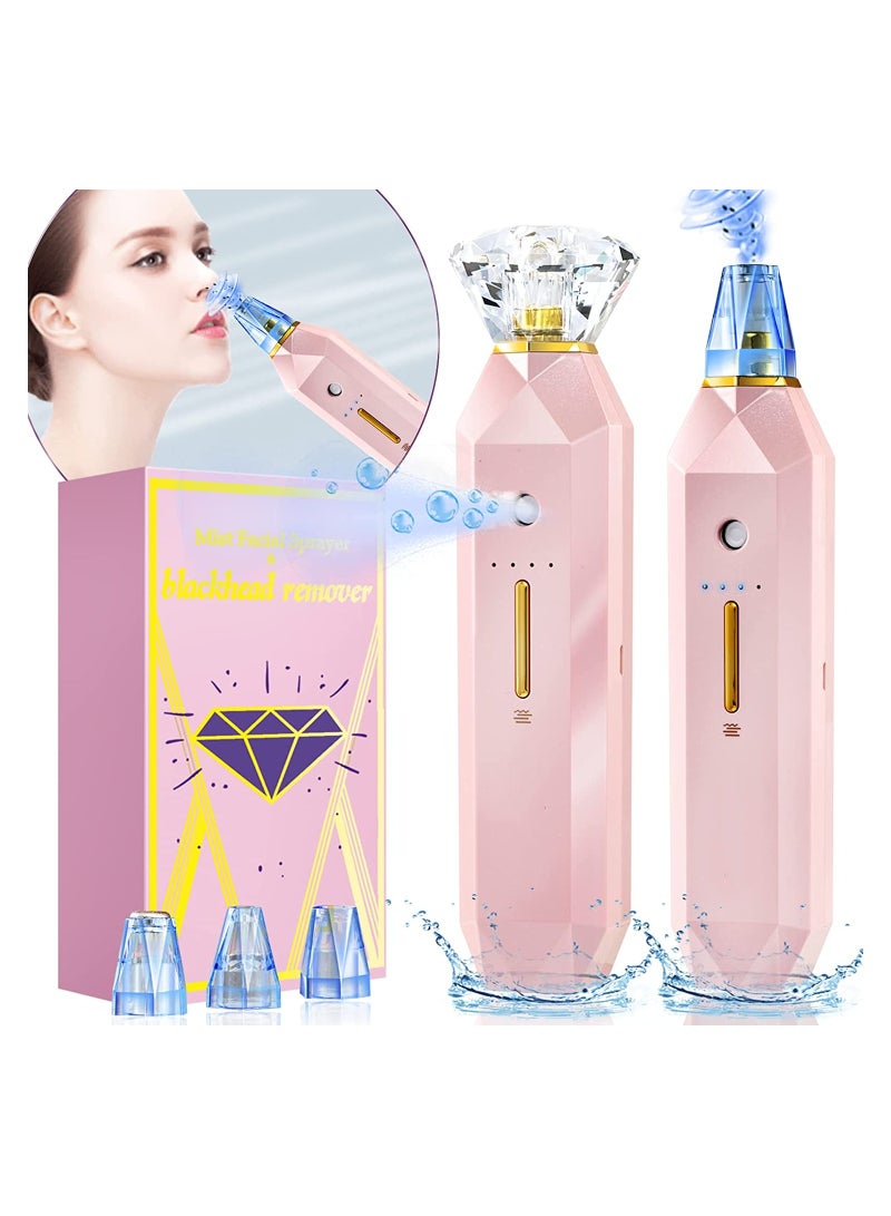 Blackhead Remover Pore Vacuum, Facial Sprayer Oxygen Hydrating, 2 in 1 Multifunction Derma Blemish Removal Cleanser, Face Steamer Whitehead Acne Remover, Deeply Spots Cleaner Suction (Pink)