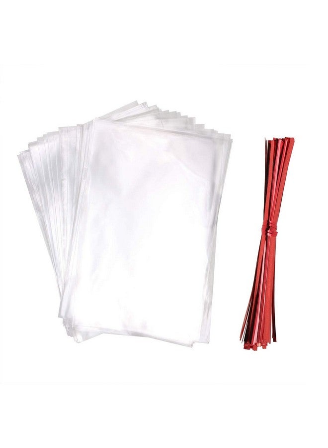 5 X 7 Inch Clear Flat Opp Cello Cellophane Treat Bags With 100Pcs Red Twist Ties For Wedding Gift Candy Cookie Bakery Bread Dessert 100Pcs