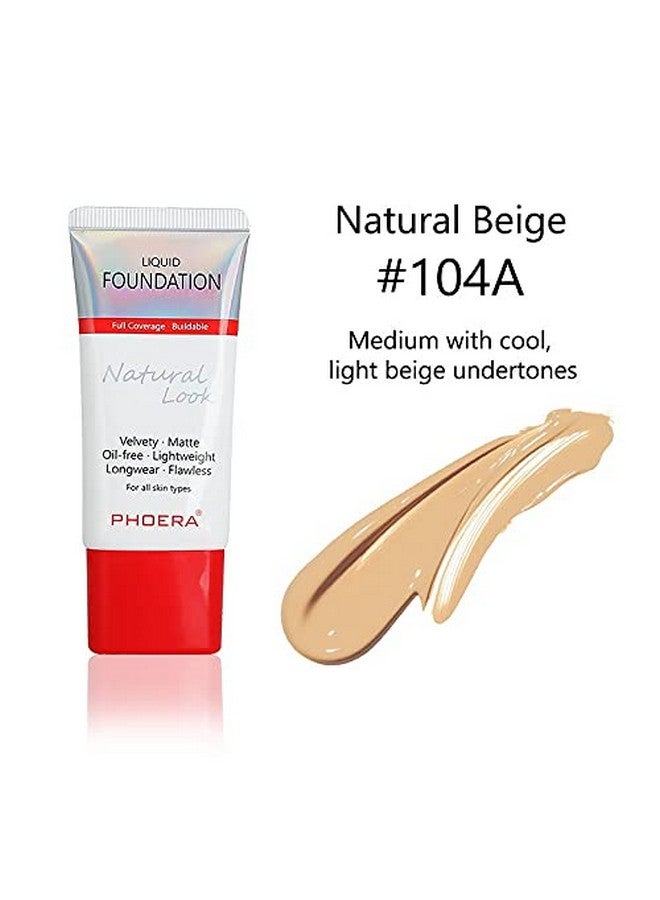 Aquapurity Phoera Full Coverage Foundation New Formula Waterproof Long Lasting Oil Free Velvet Matte Liquid Foundation For Oily Skin Flawless Makeup Base Cream Concealer (104A Natural Beige)