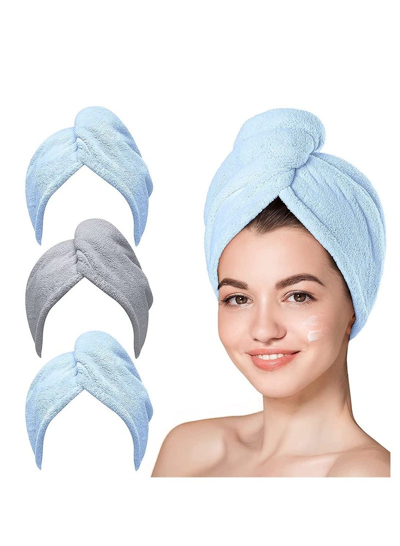Microfiber Hair Towel,3 Packs Hair Turbans for Wet Hair, Wrap Hair Towels for Women Anti Frizz Fast Hair Drying Towel Ultra-Absorbent Soft for Curly Long Thick Hair (Blue, Grey)