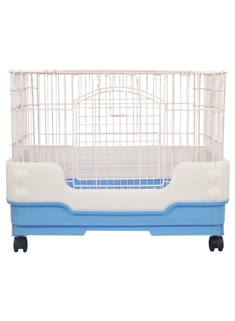 Rabbit cage, Small animal house with removable tray and wheels, Indoor and Outdoor cage, Pet cage with plastic rabbit feeder, High quality rabbit cage 64 cm (Blue)