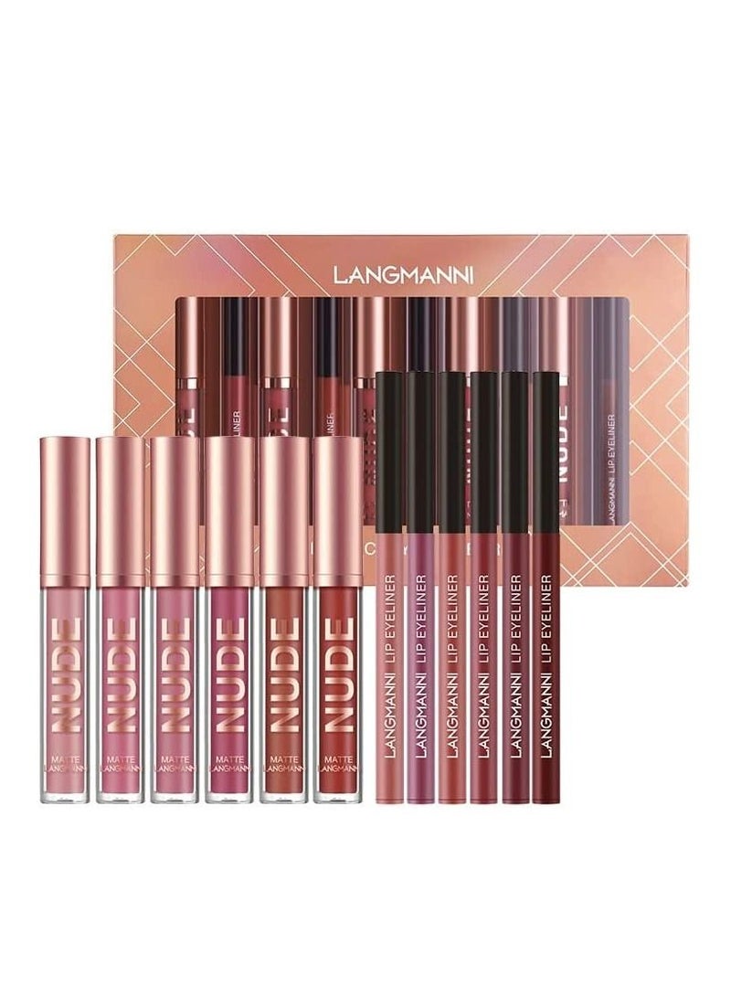 12 Pieces Lip Gloss and Lip Liner Set Matte Glossy Shine Liquid Lipstick with Lipliner Non Sticky Waterproof Long Lasting Lip Gloss Set for Women and Girls