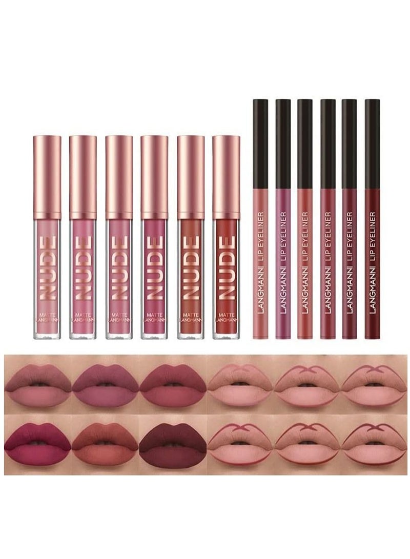 12 Pieces Lip Gloss and Lip Liner Set Matte Glossy Shine Liquid Lipstick with Lipliner Non Sticky Waterproof Long Lasting Lip Gloss Set for Women and Girls