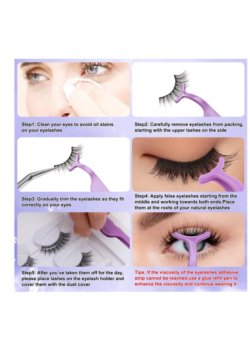 Waterproof Self-Adhesive Eyelashes with Eyelash Glue Pen - 3 Pairs of Reusable Wispy Fluffy Lashes for a Natural Look, Easy DIY Extension at Home for Beginners (Natural)