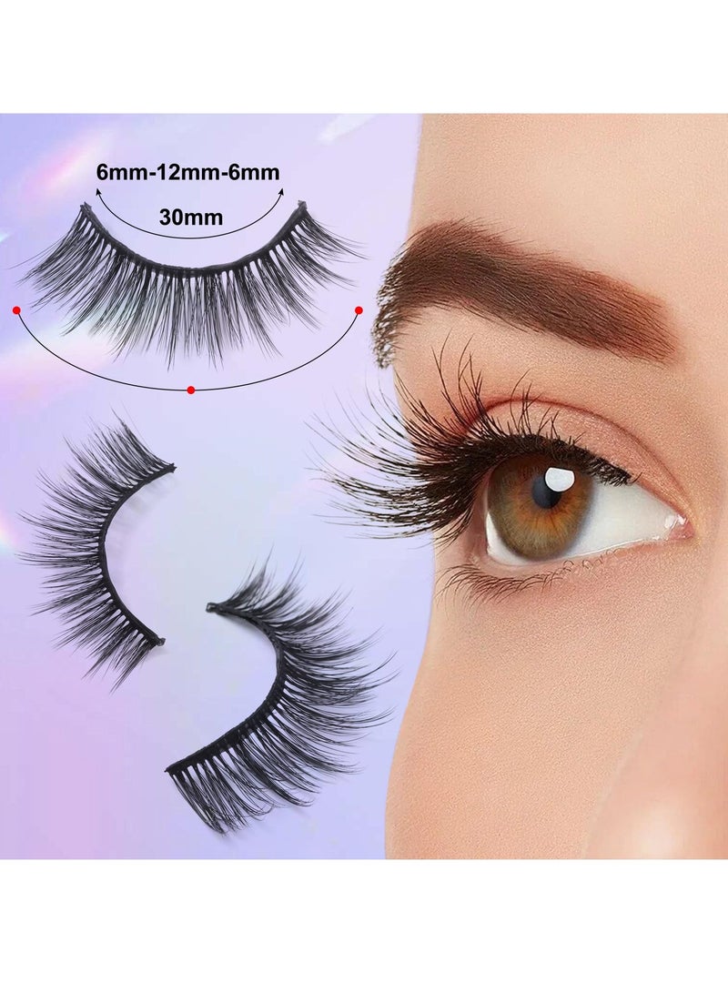 Waterproof Self-Adhesive Eyelashes with Eyelash Glue Pen - 3 Pairs of Reusable Wispy Fluffy Lashes for a Natural Look, Easy DIY Extension at Home for Beginners (Natural)