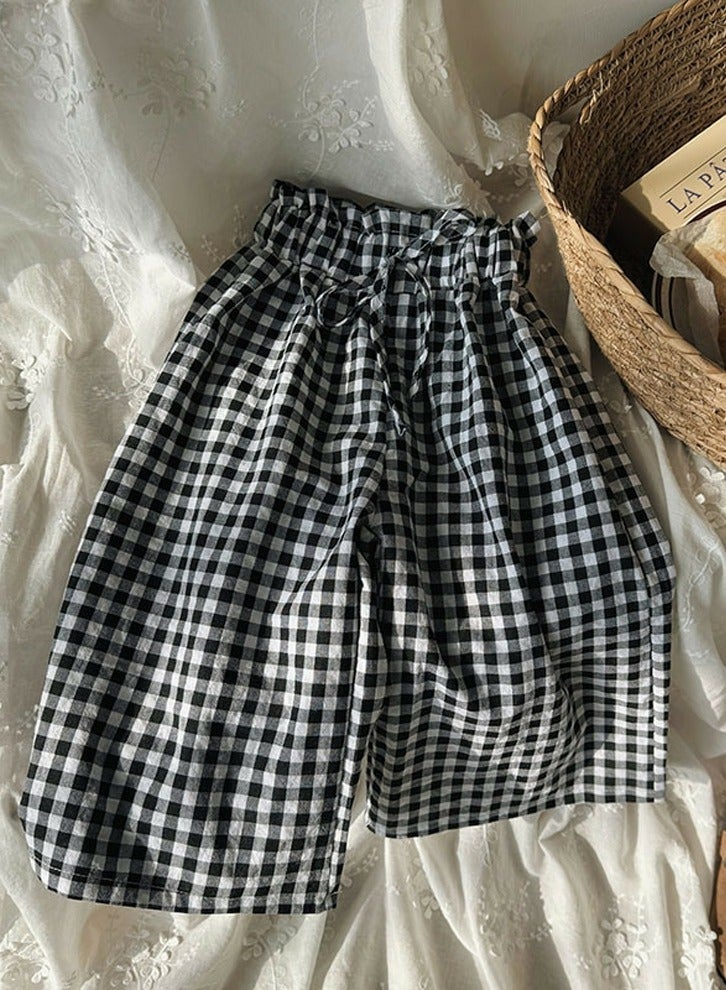 Girls' Checkered Pattern Elastic Waist Nine Point Wide Leg Pants Black/White