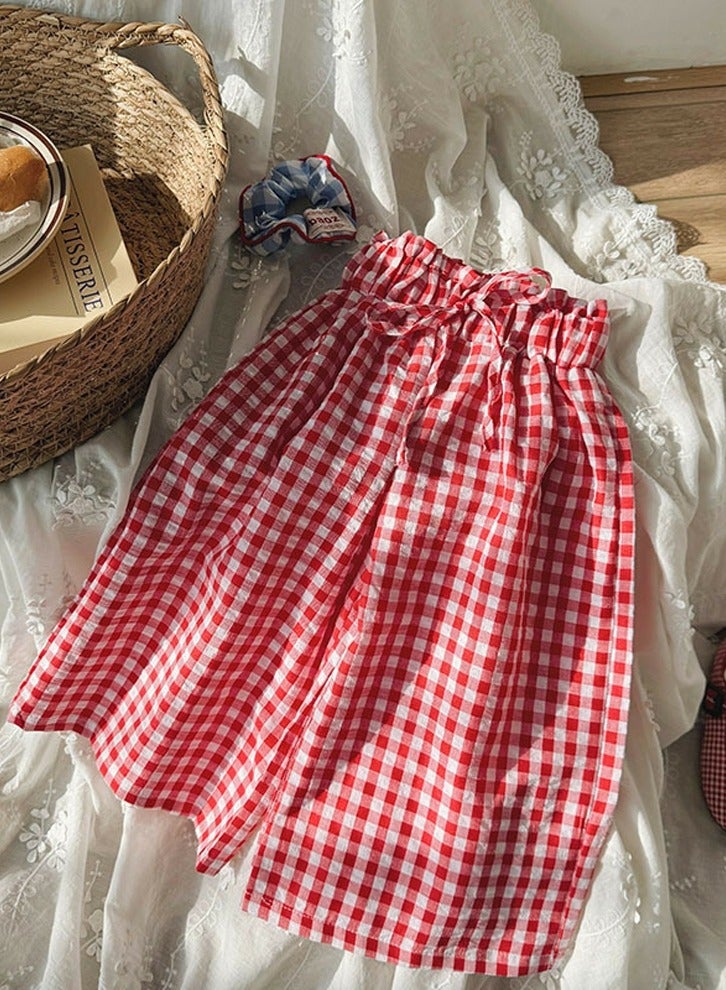 Girls' Checkered Pattern Elastic Waist Nine Point Wide Leg Pants Red/White