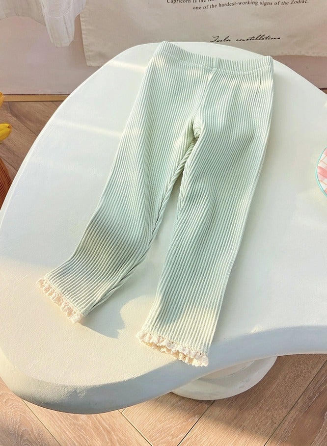 Girls Thermal Underwear Pants Cotton Soft Long Johns Base Layer Bottom Kid's Lace Splicing Pants Green