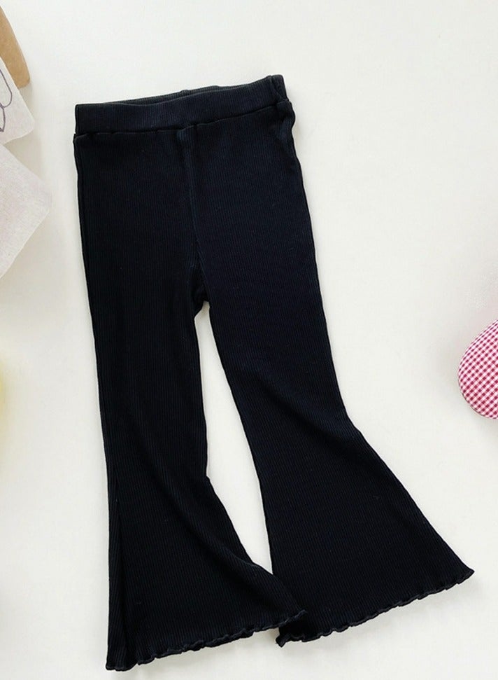 Girl's Solid Color Cotton Bell Bottoms Elastic Waist Flared Pants Black