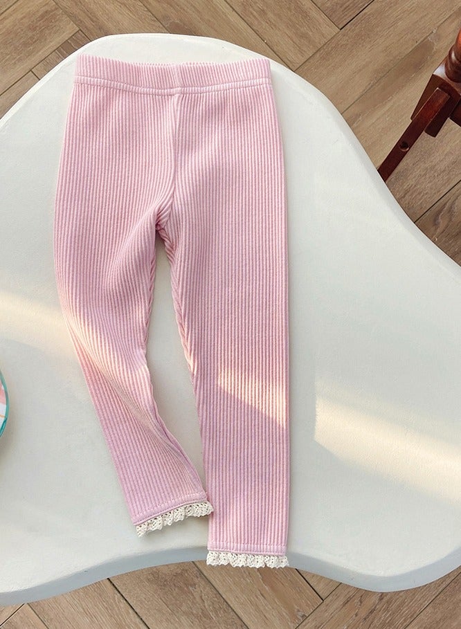 Girls Thermal Underwear Pants Cotton Soft Long Johns Base Layer Bottom Kid's Lace Splicing Pants Pink