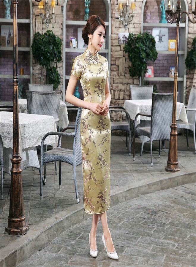 A Plum Blossom Short Sleeved Long Skirt Gold